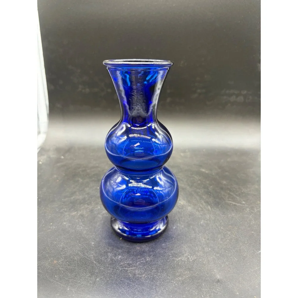 Vintage Cobalt Blue Glass Bud Vase Double Bulb Gourd‎ Shape Mid Century Modern